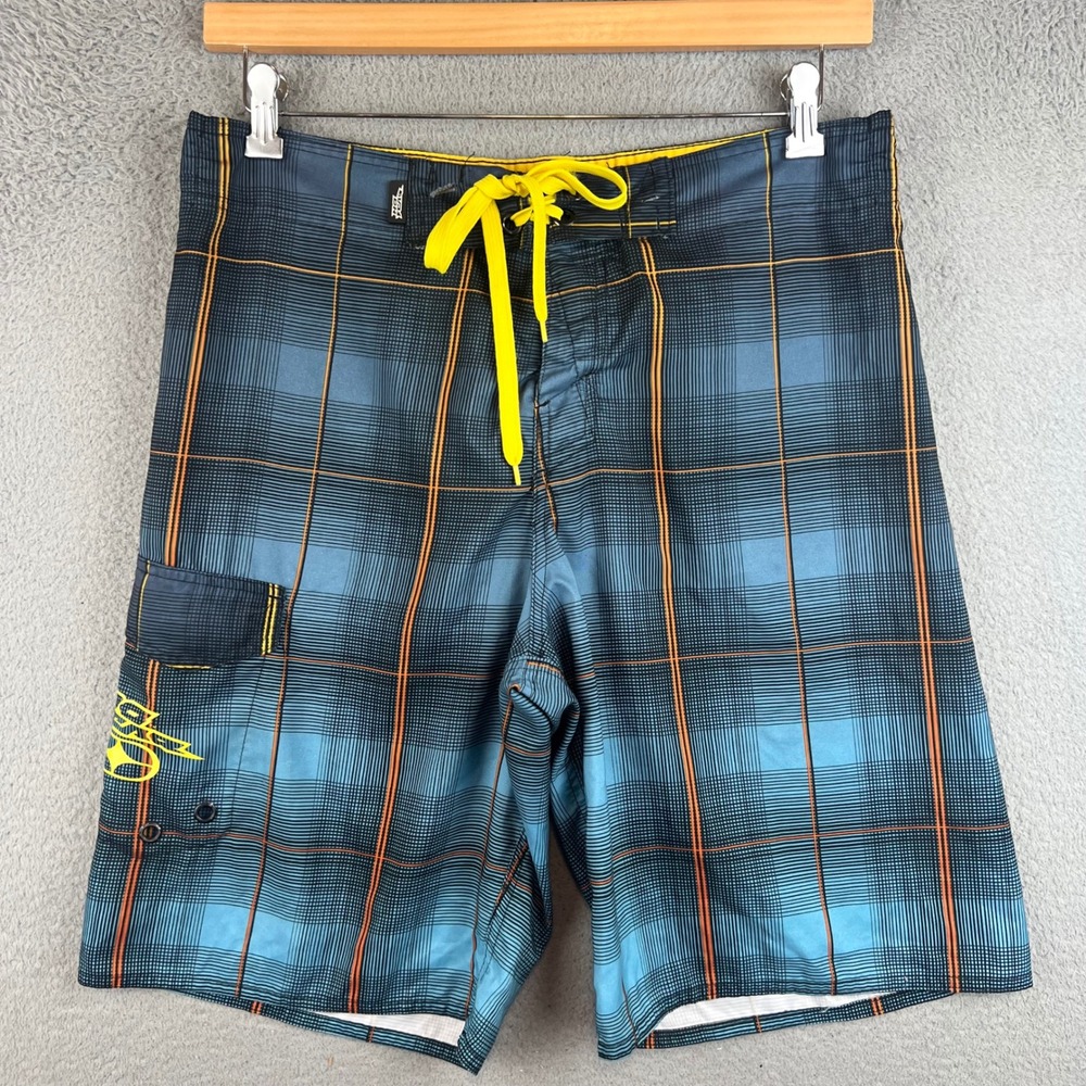 Y2K No Fear Mens Plaid Board Shorts Size Medium Swim Trunks Cargo